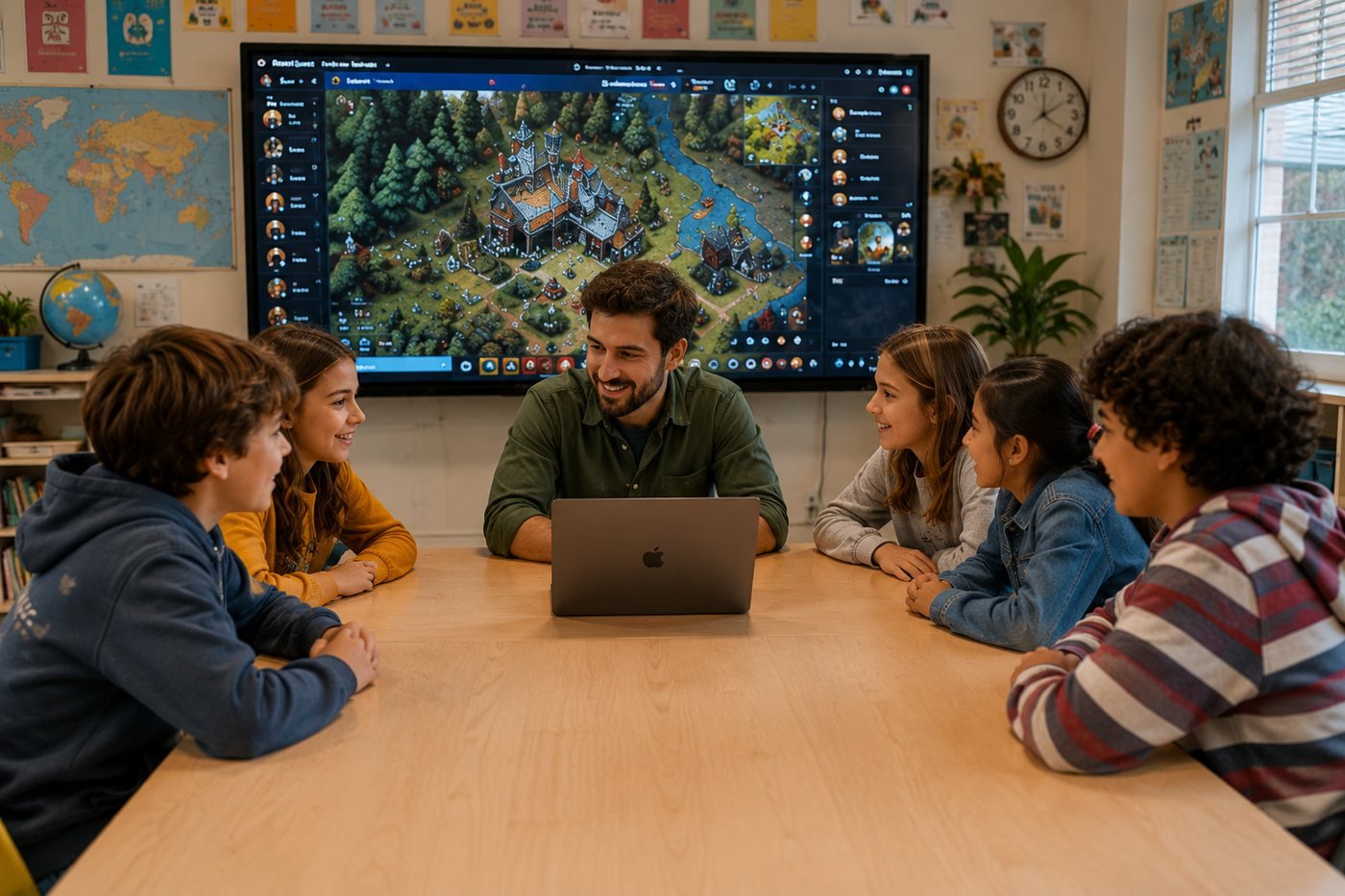 Tablero digital de Rolin proyectado en sesión presencial de juego de rol educativo