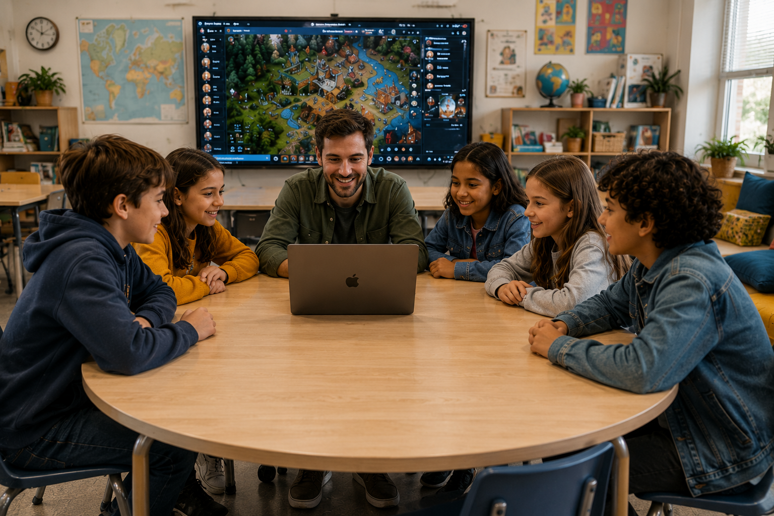 Grupo de alumnos de primaria en sesión de juego de rol con monitor